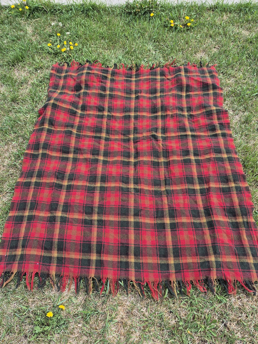 Wool Red Plaid Fringe Throw Blanket